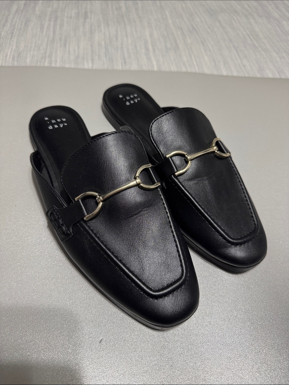 a new day Black Leather Slip-On Mule with Gold Bit